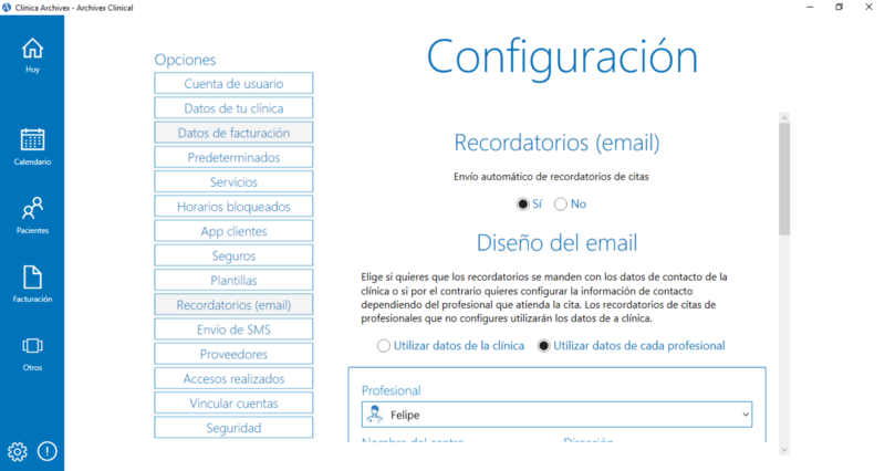 Configuracion de recordatorios e-mail