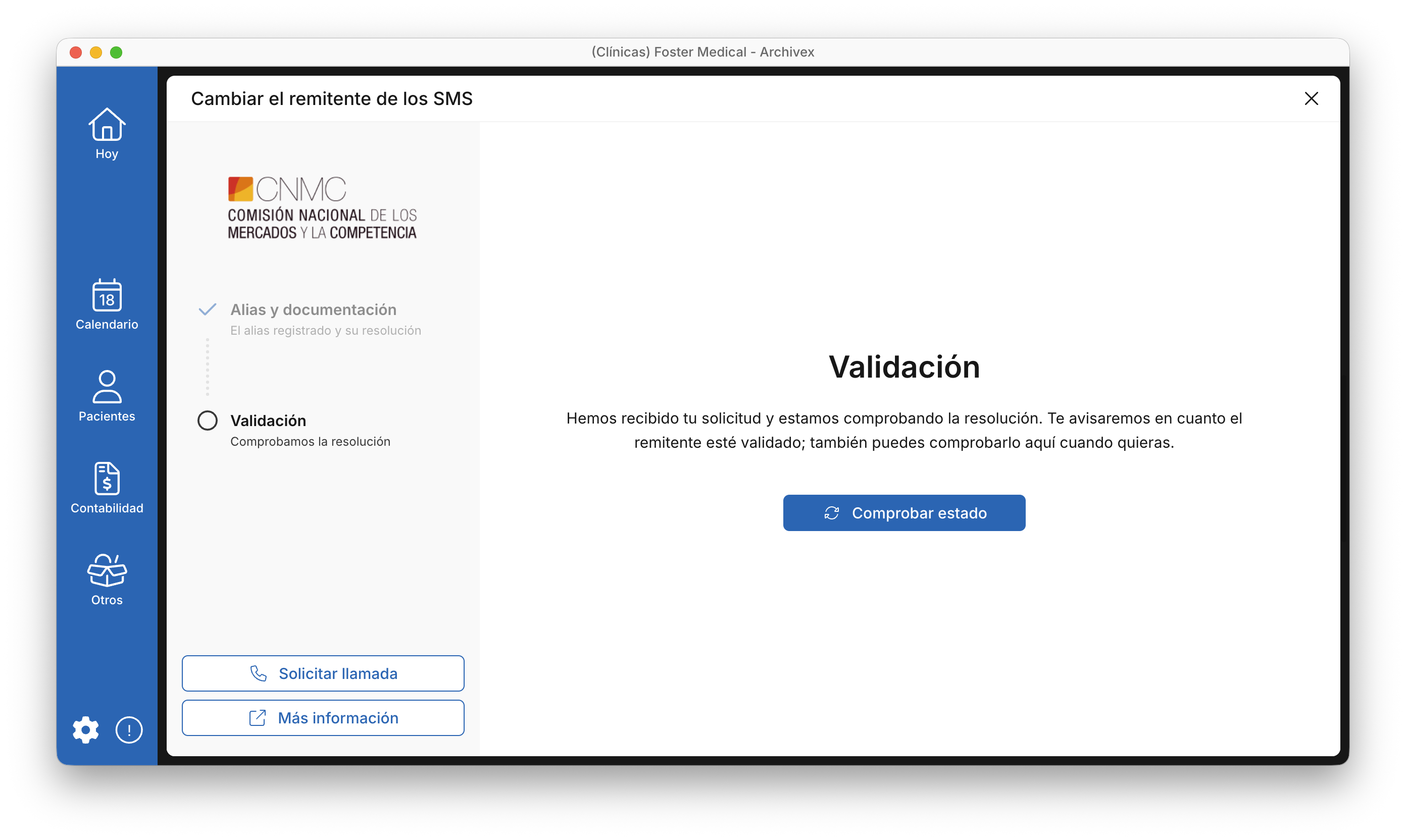 pantalla validación registro SMS alias