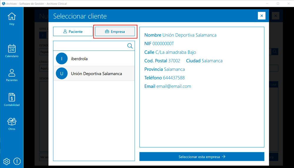 Facturar paciente o empresa Archivex