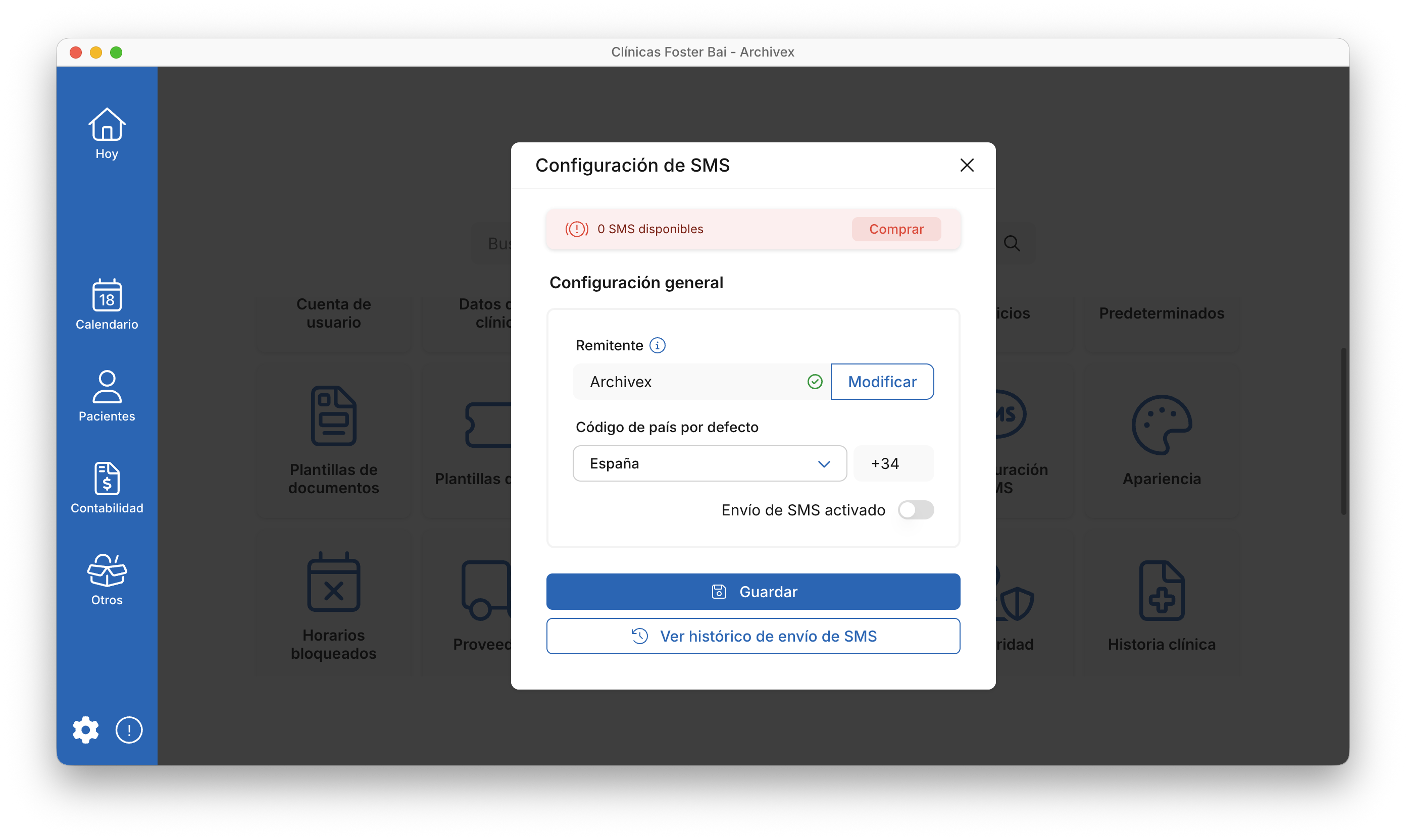 pantalla configuración SMS Archivex