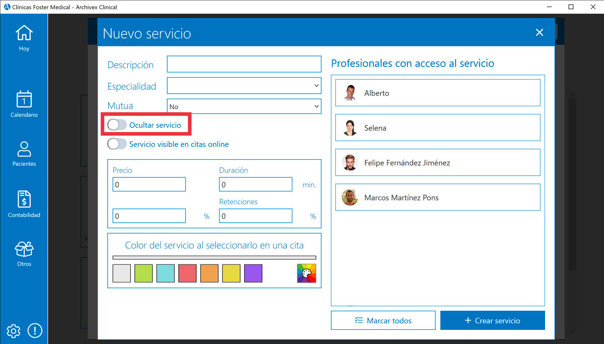 Nuevo servicio Ocultar servicio