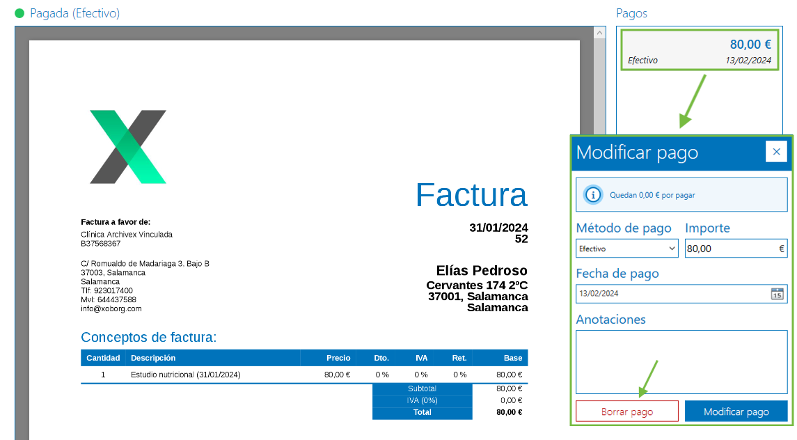 Borrar pago factura Archivex
