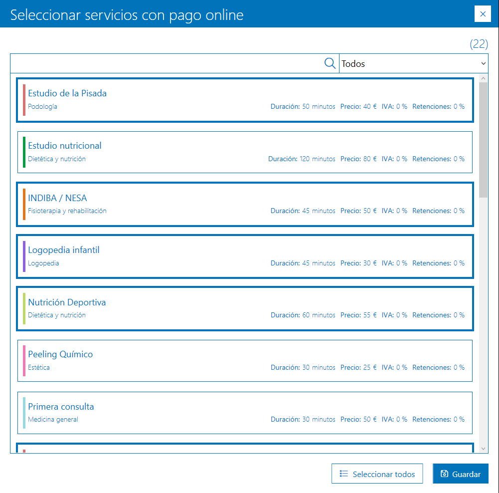 Seleccionar servicios con pago online