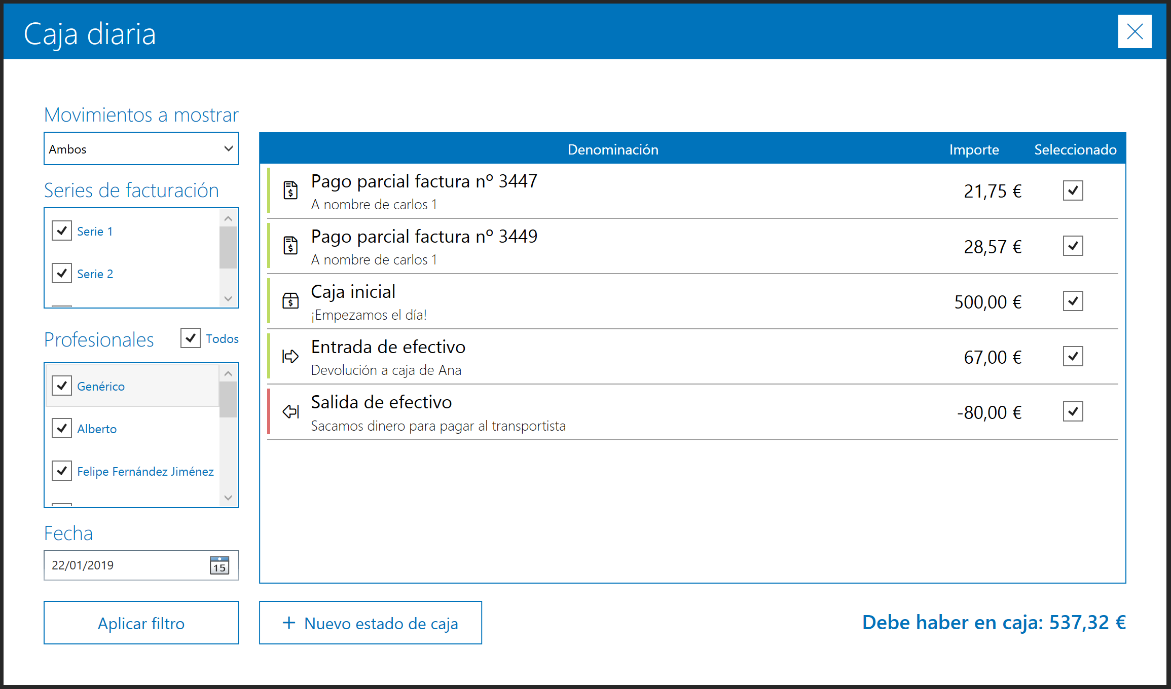 Ejemplo de caja diaria con entrada y salida de dinero