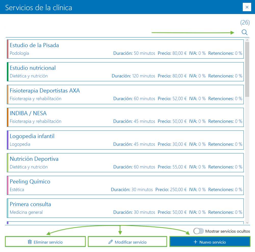 Interfaz Archivex: Servicios de la clínica