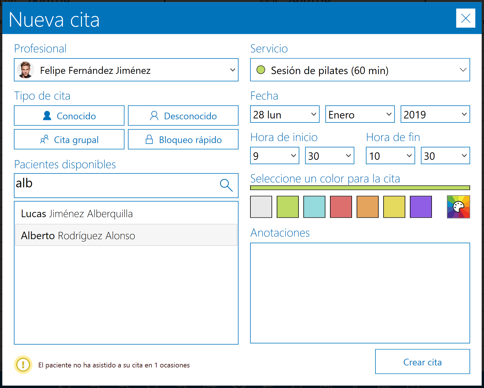 Creando una nueva cita con aviso de haber fallado una asistencia previamente