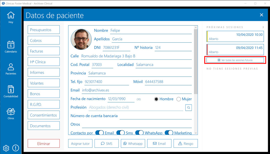 Sesiones futuras datos pacientes