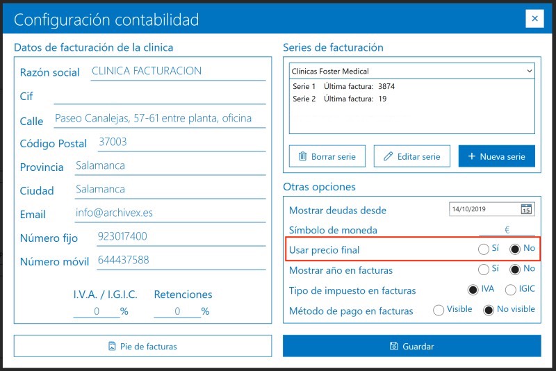 Interfaz configuración contabilidad Archivex