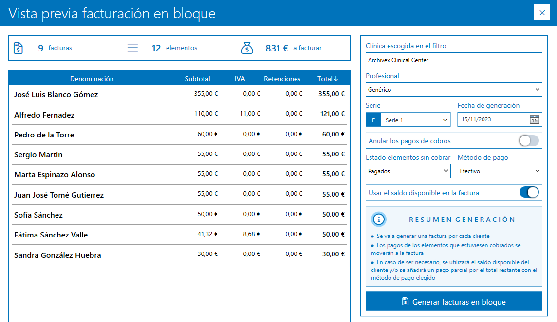 Vista previa facturación en bloque Archivex