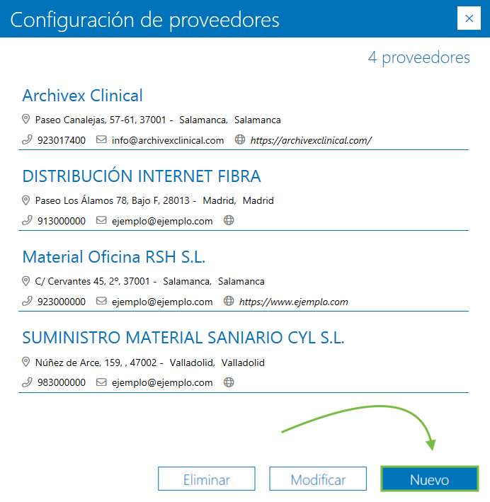 Configuración Archivex: Dar de alta nuevo proveedor