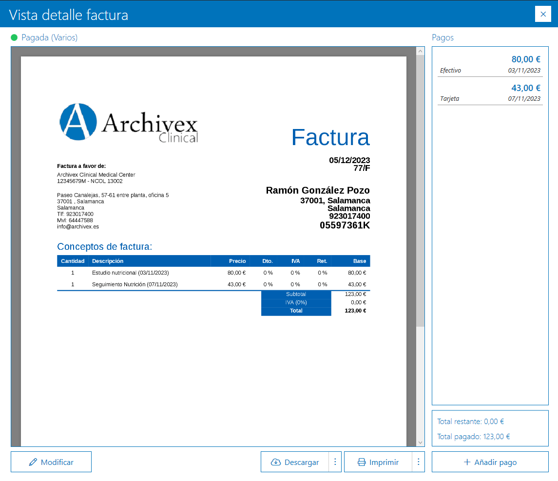 Vista detalle factura