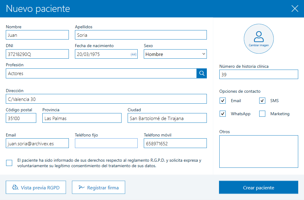Nueva ficha creación de paciente