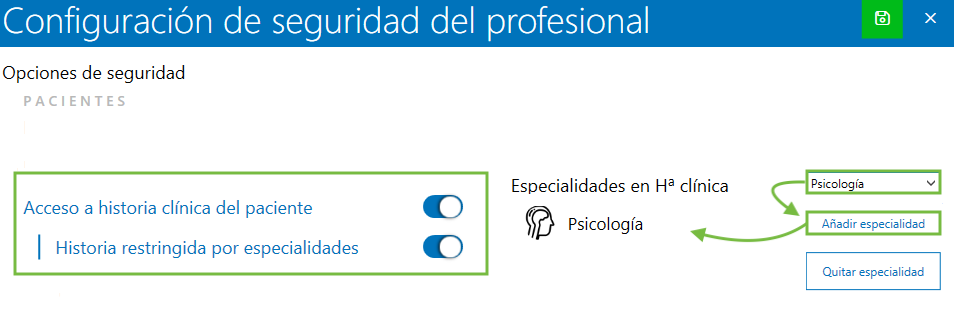 Configuración de seguridad del profesional