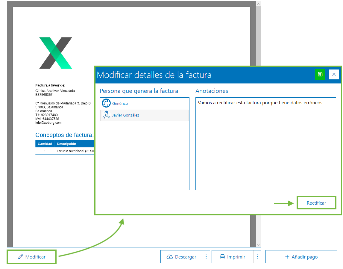 Modificar factura Archivex