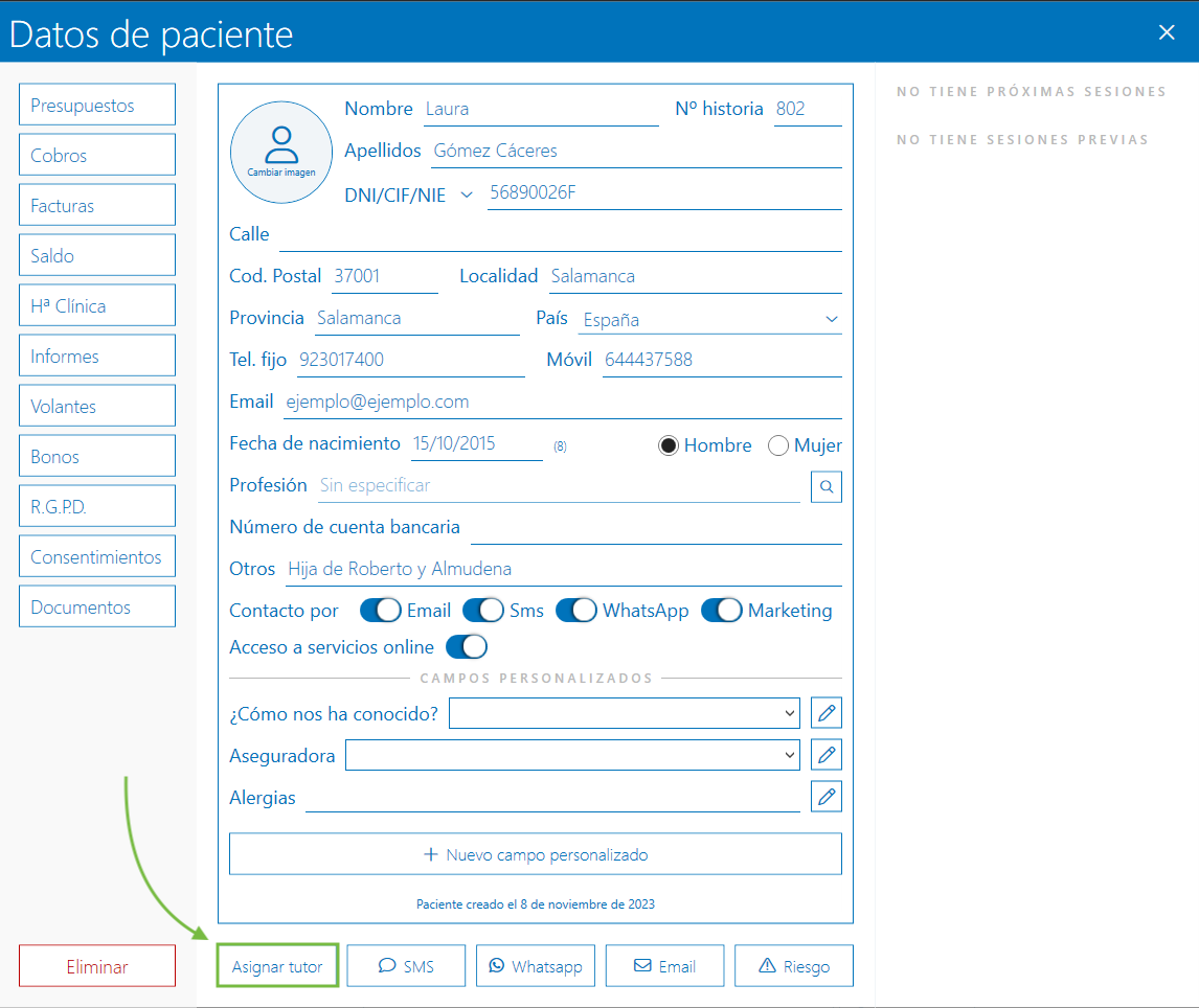 Asignar tutor legal en ficha de paciente