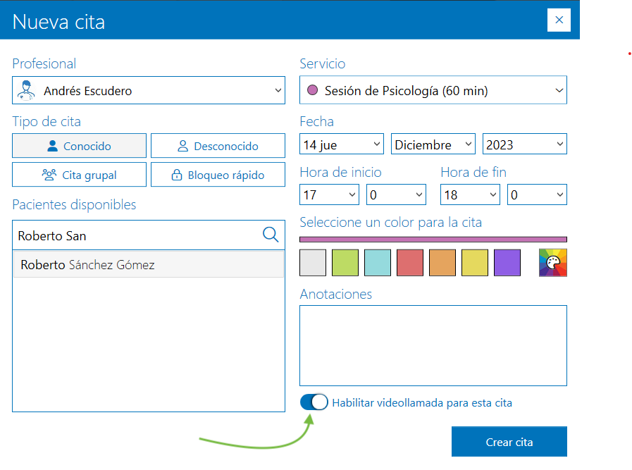 Habilitar videollamada para esta cita