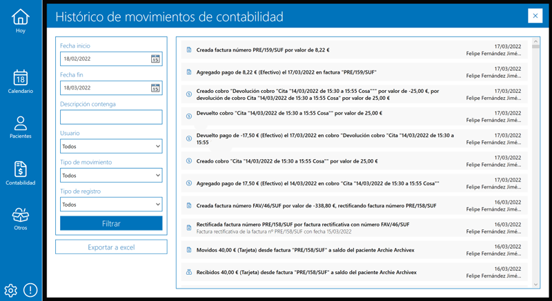 Histórico de movimientos contables en Archivex