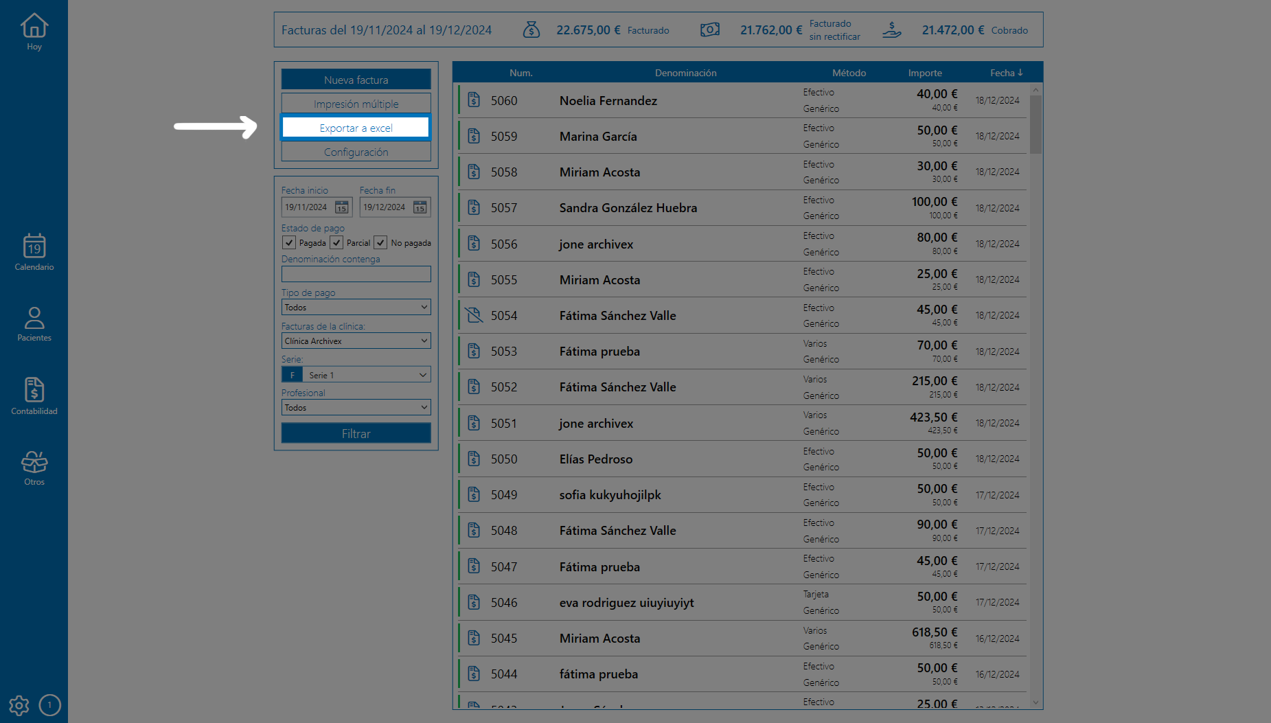 ¿Puedo exportar las facturas de una serie en Archivex?