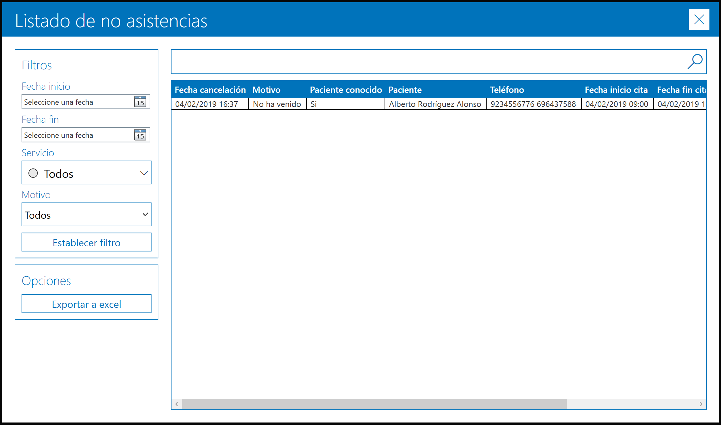 Listado de citas no asistidas de un paciente