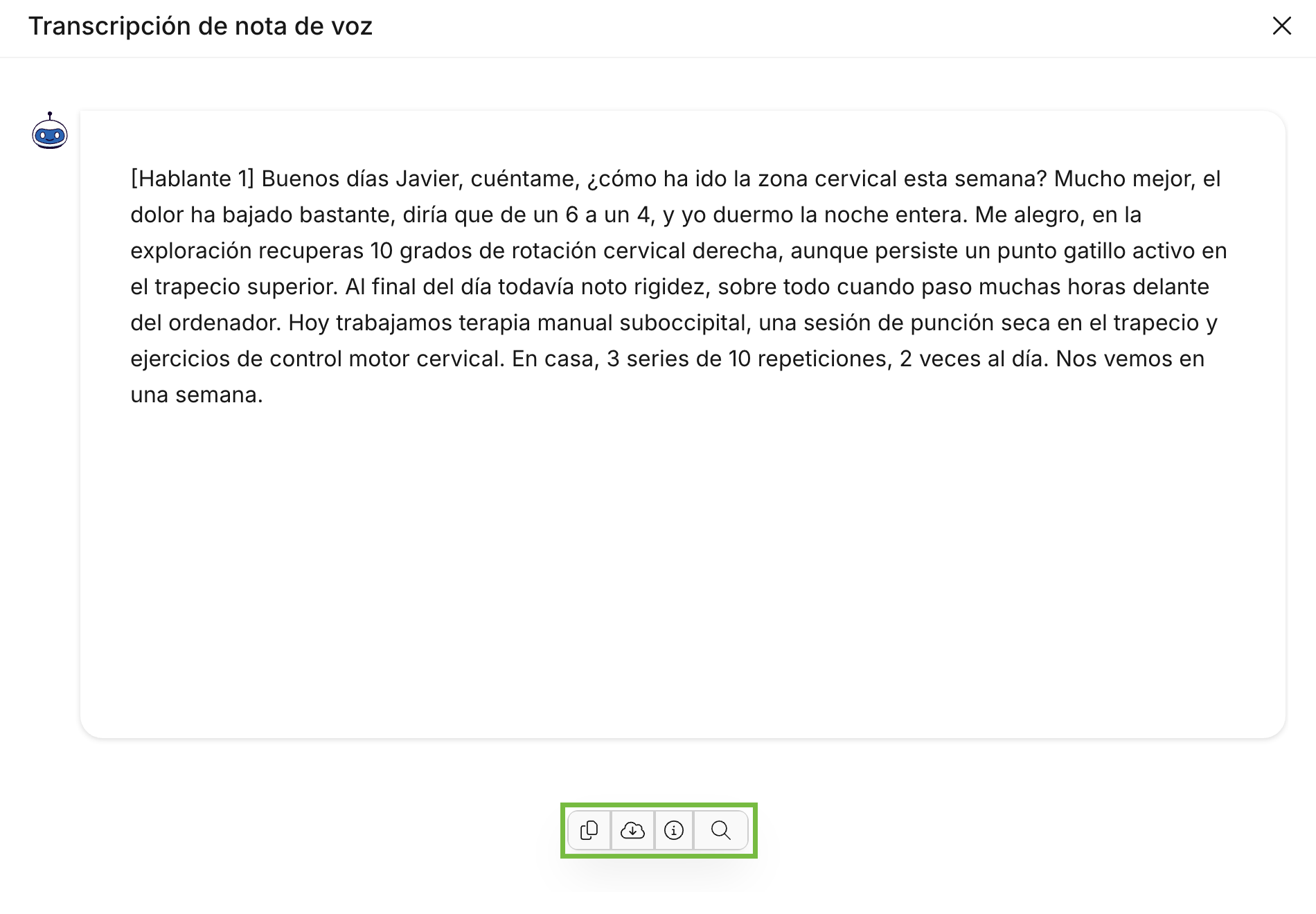 Ventana Transcripción de nota de voz con el texto completo y los botones de copiar, descargar y buscar en Archivex