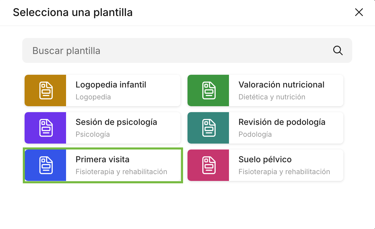 Listado Selecciona una plantilla con las plantillas de evolutivo de la clínica en Archivex