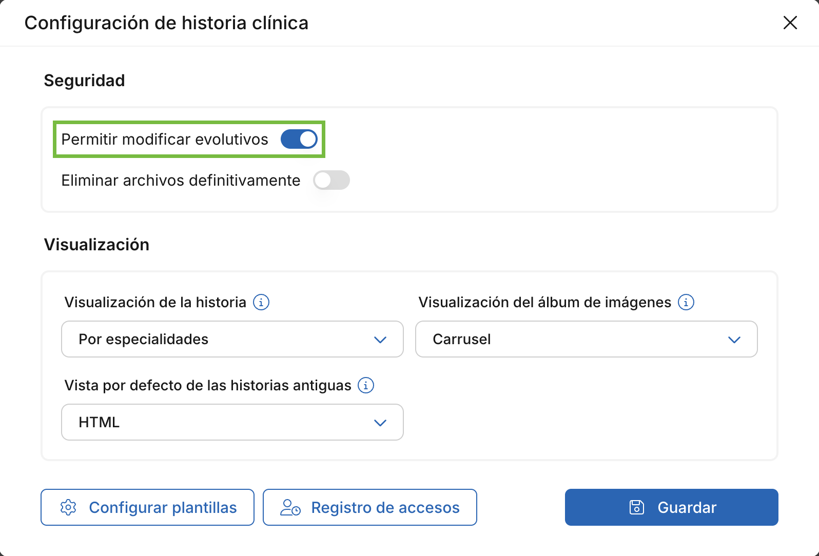 Opción Permitir modificar evolutivos en la configuración de historia clínica de Archivex