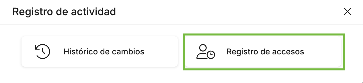 Selector Registro de actividad de la historia clínica con las opciones Histórico de cambios y Registro de accesos en Archivex