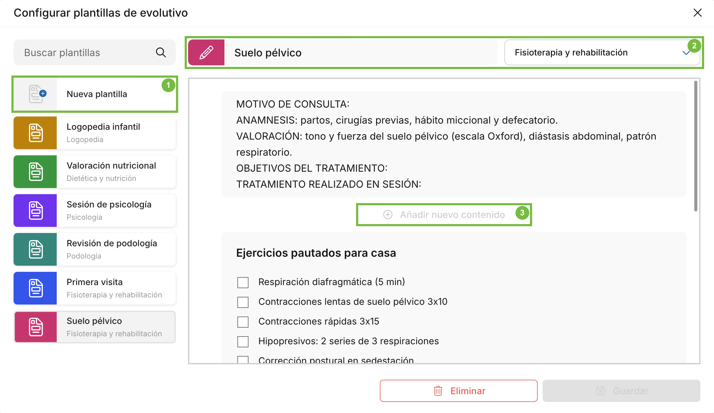 Editor de plantillas de evolutivo de Archivex con la lista de plantillas, el título y los contenidos