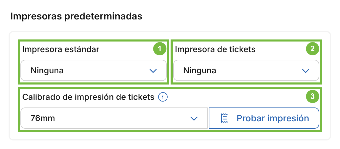 Tarjeta Impresoras predeterminadas de Archivex con la impresora de tickets y el calibrado