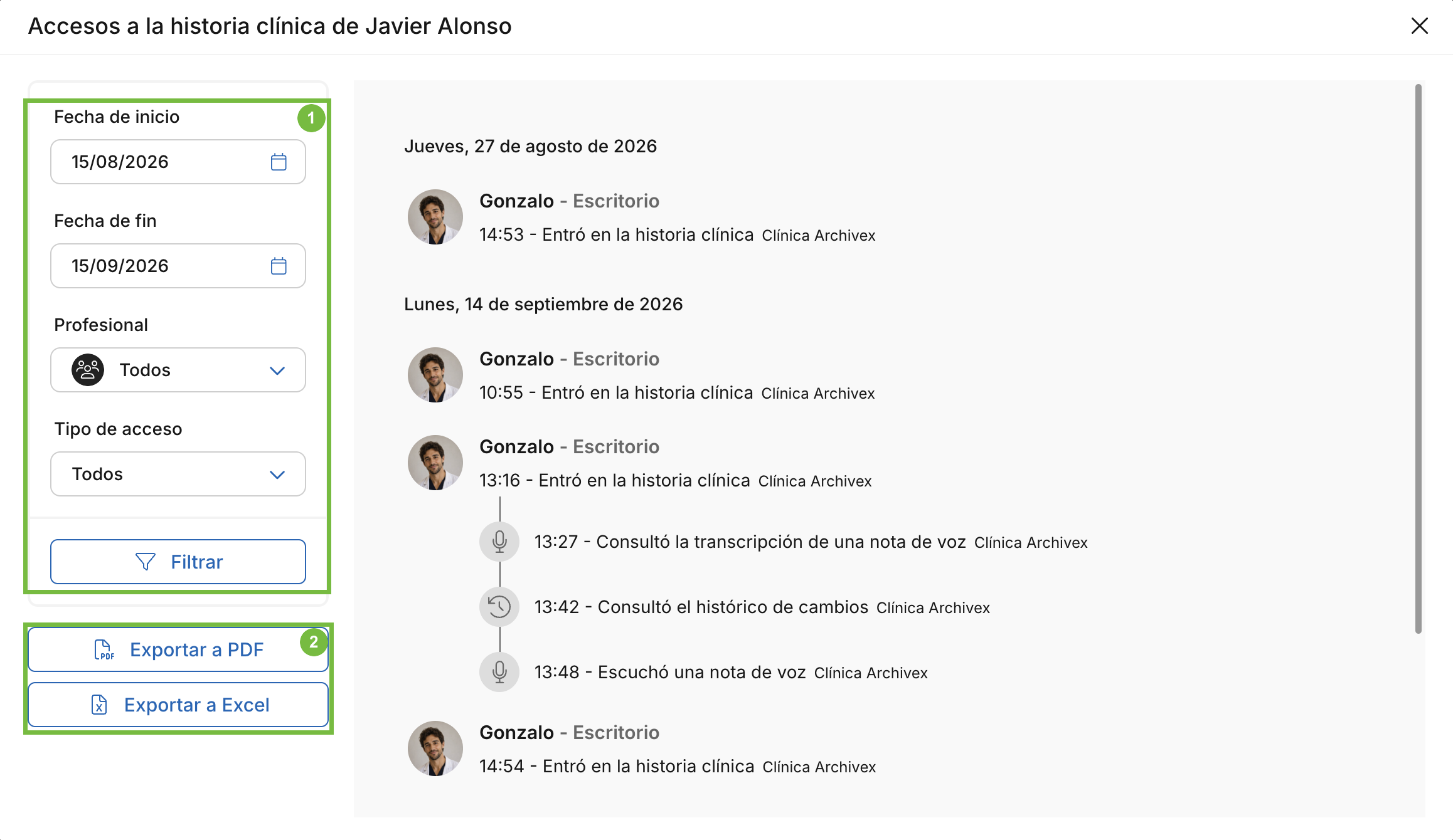 Ventana Accesos a la historia clínica de un paciente con los filtros y la cronología de accesos en Archivex
