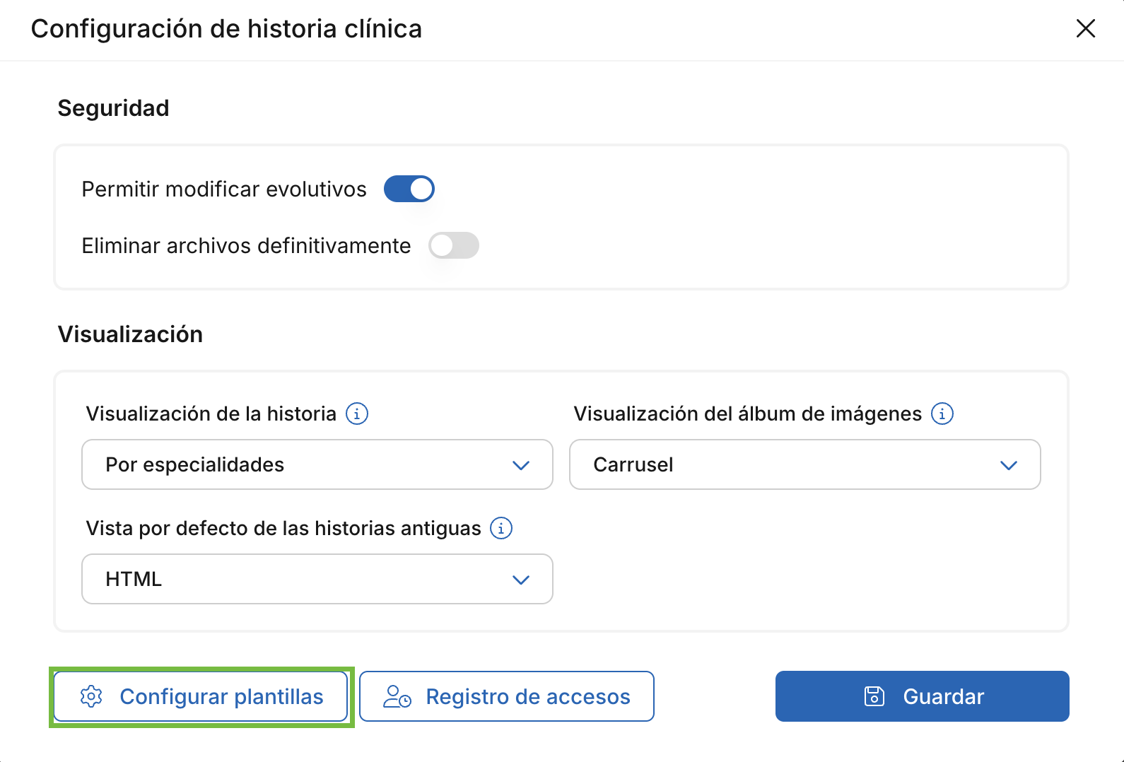 Ventana Configuración de historia clínica con el botón Configurar plantillas señalado en Archivex