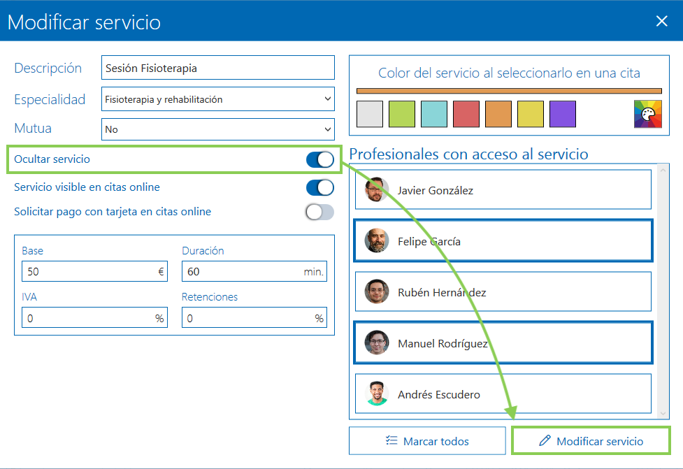 Condiguración del servicio botón ocultar en Archivex
