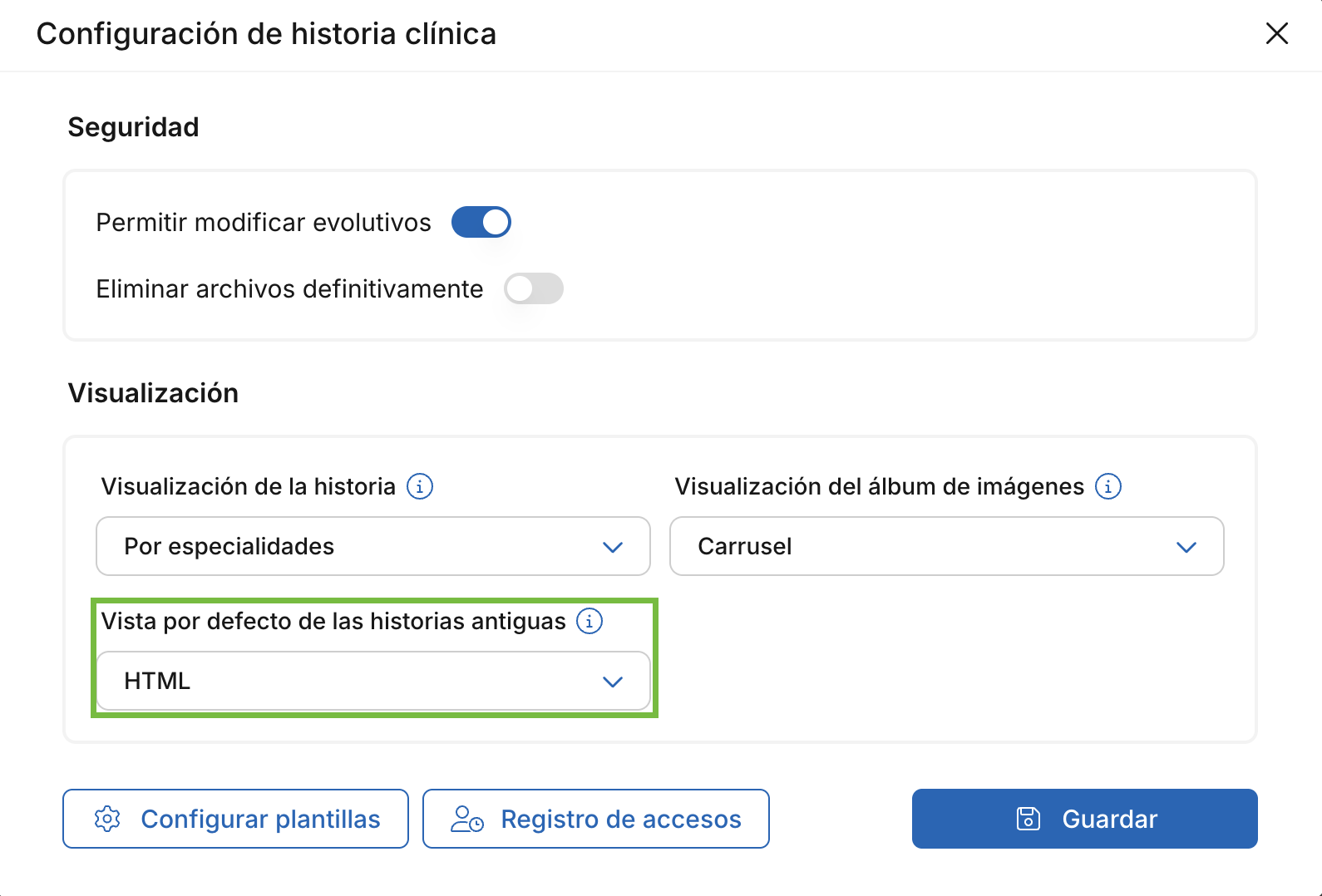 Ventana Configuración de historia clínica con la opción Vista por defecto de las historias antiguas señalada en Archivex