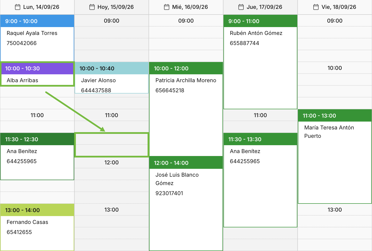 Cita del calendario de Archivex con una flecha hacia el hueco de destino