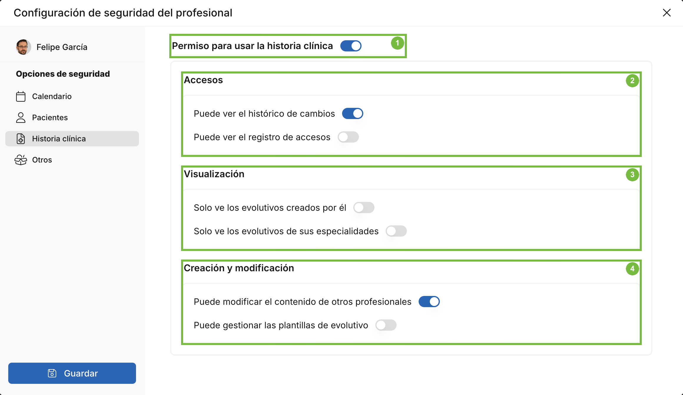 Pestaña Historia clínica de la configuración de seguridad del profesional en Archivex