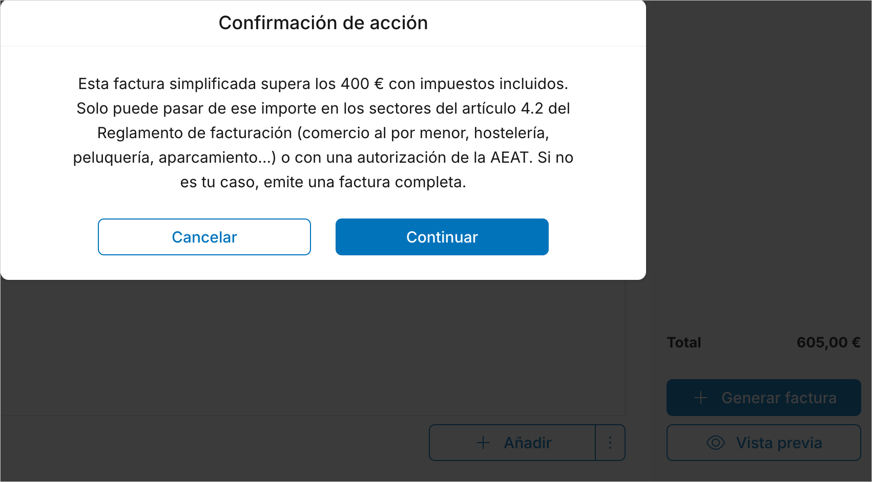 Aviso "Confirmación de acción" al generar una factura simplificada de 605,00 € en Archivex