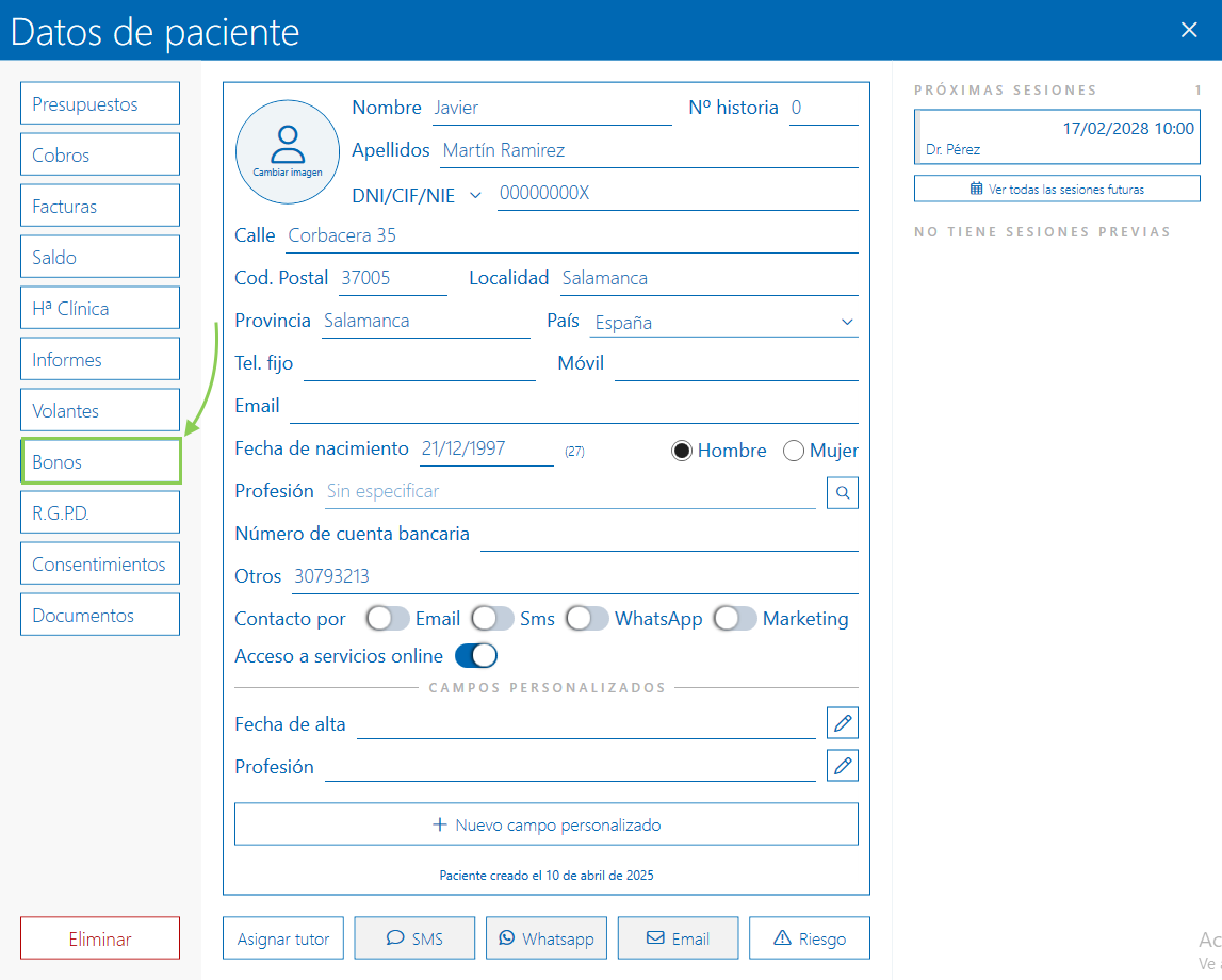 Ficha del paciente Archivex -> Bonos
