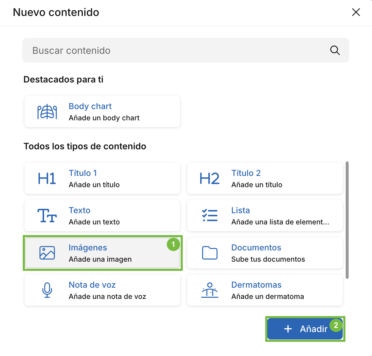 Ventana Nuevo contenido de la historia clínica con el tipo Imágenes seleccionado en Archivex