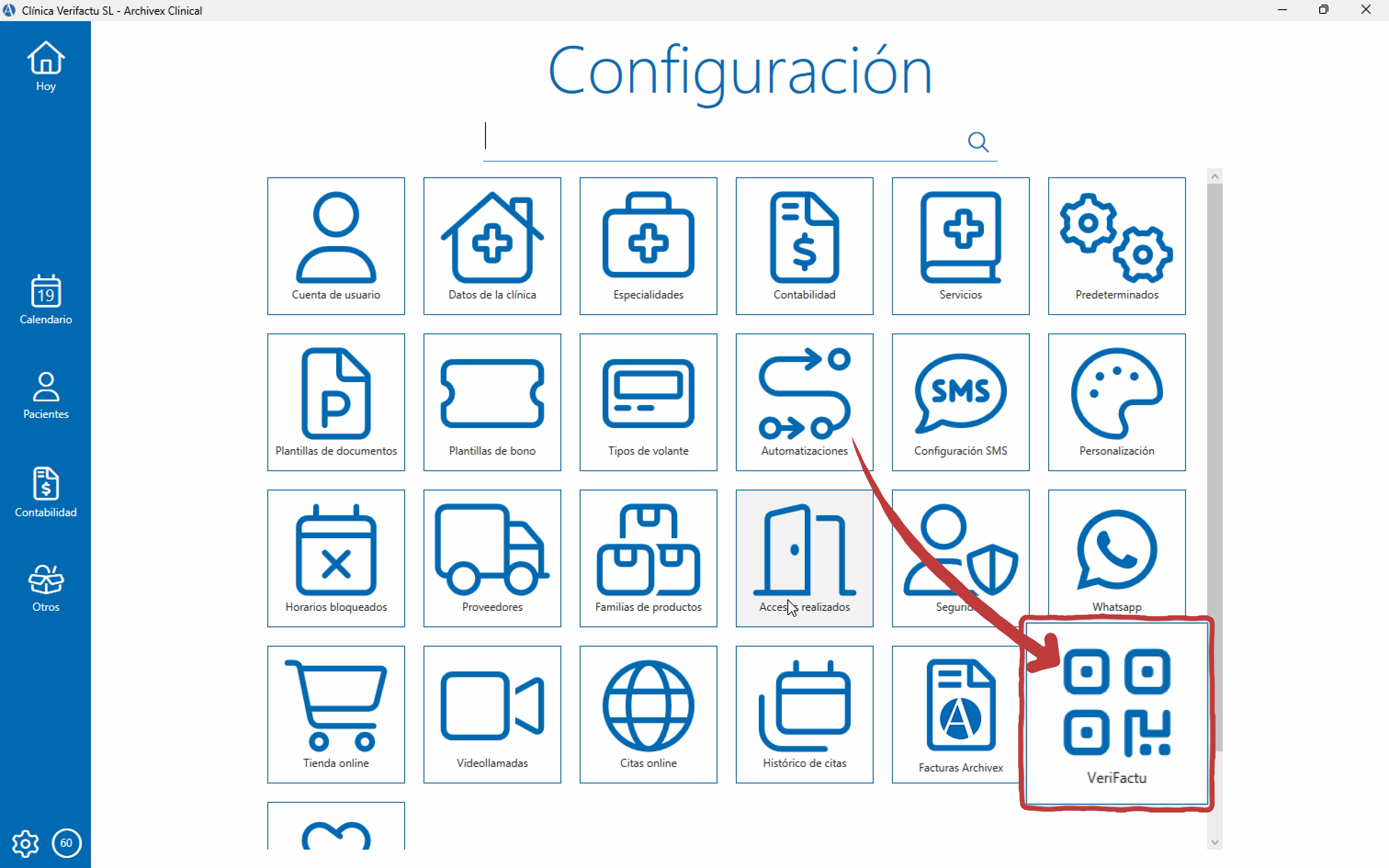 botón acceso configuración verifactu en Archivex