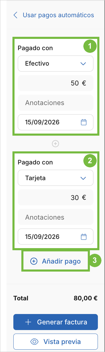 Panel de pagos de una factura nueva de Archivex con un pago en efectivo y otro con tarjeta