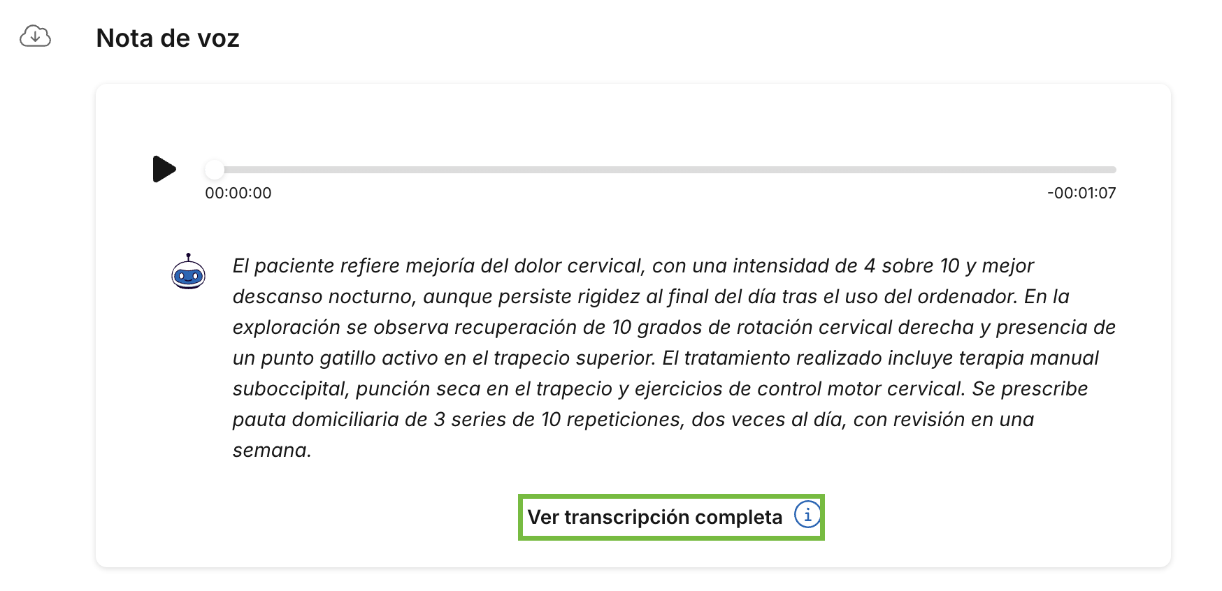 Bloque de nota de voz con el reproductor, el resumen de Archi y el botón Ver transcripción completa en Archivex