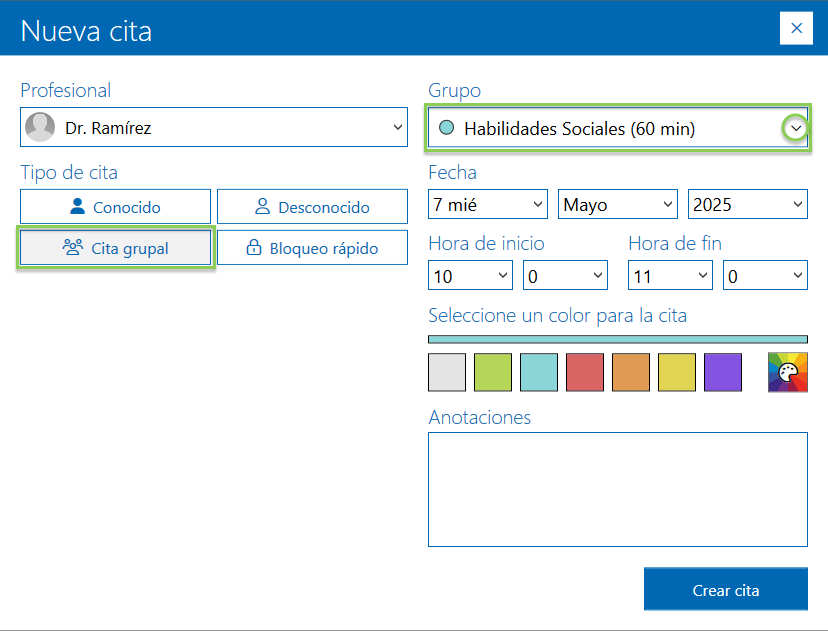 Menú de la configuración de una cita grupal en Archivex