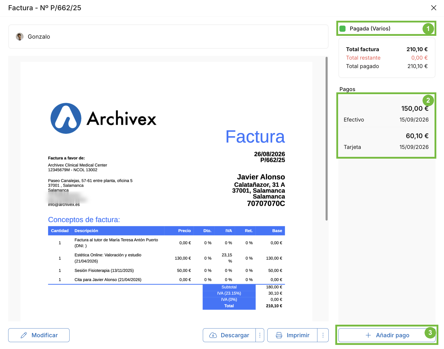 Detalle de una factura de Archivex con el estado Pagada (Varios) y los dos pagos registrados