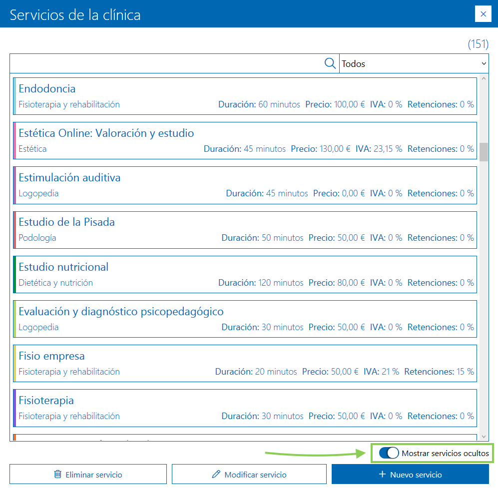Opción ver servicios ocultos en Archivex