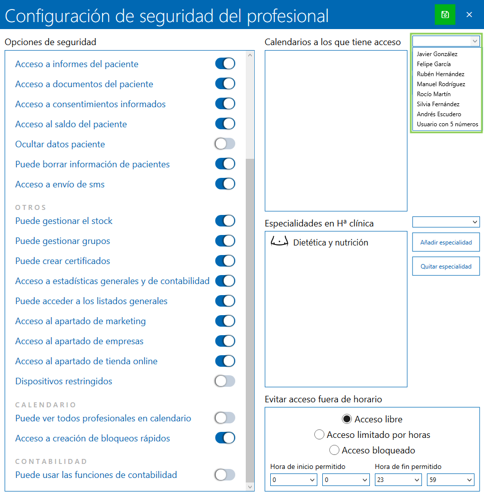 AÑADIR PROFESIONALES CON ACCESO A CALENDARIO