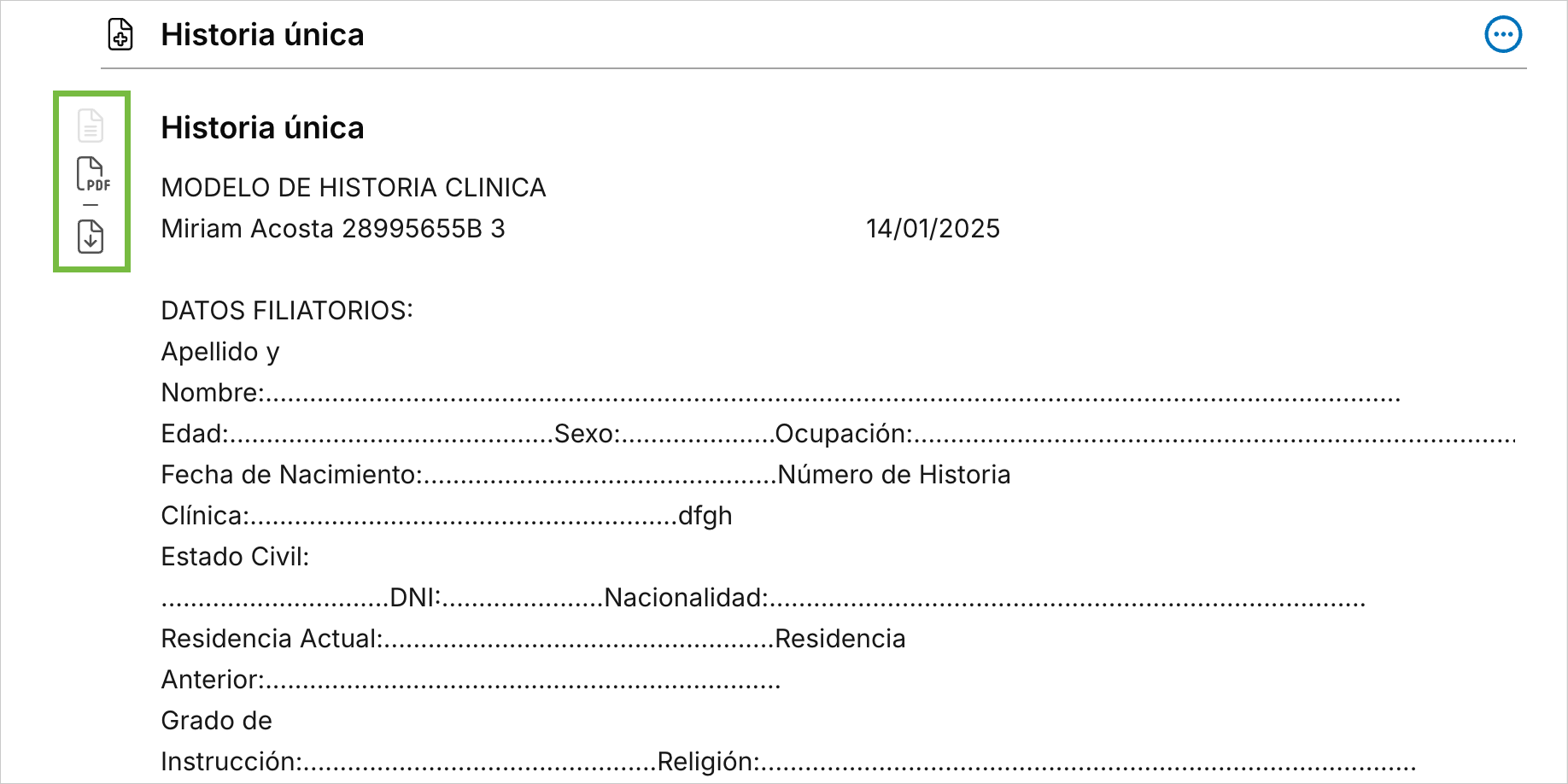 Bloque Historia única de una historia antigua en vista HTML, con los botones Vista HTML, Vista PDF y Descargar PDF señalados a la izquierda del bloque en Archivex