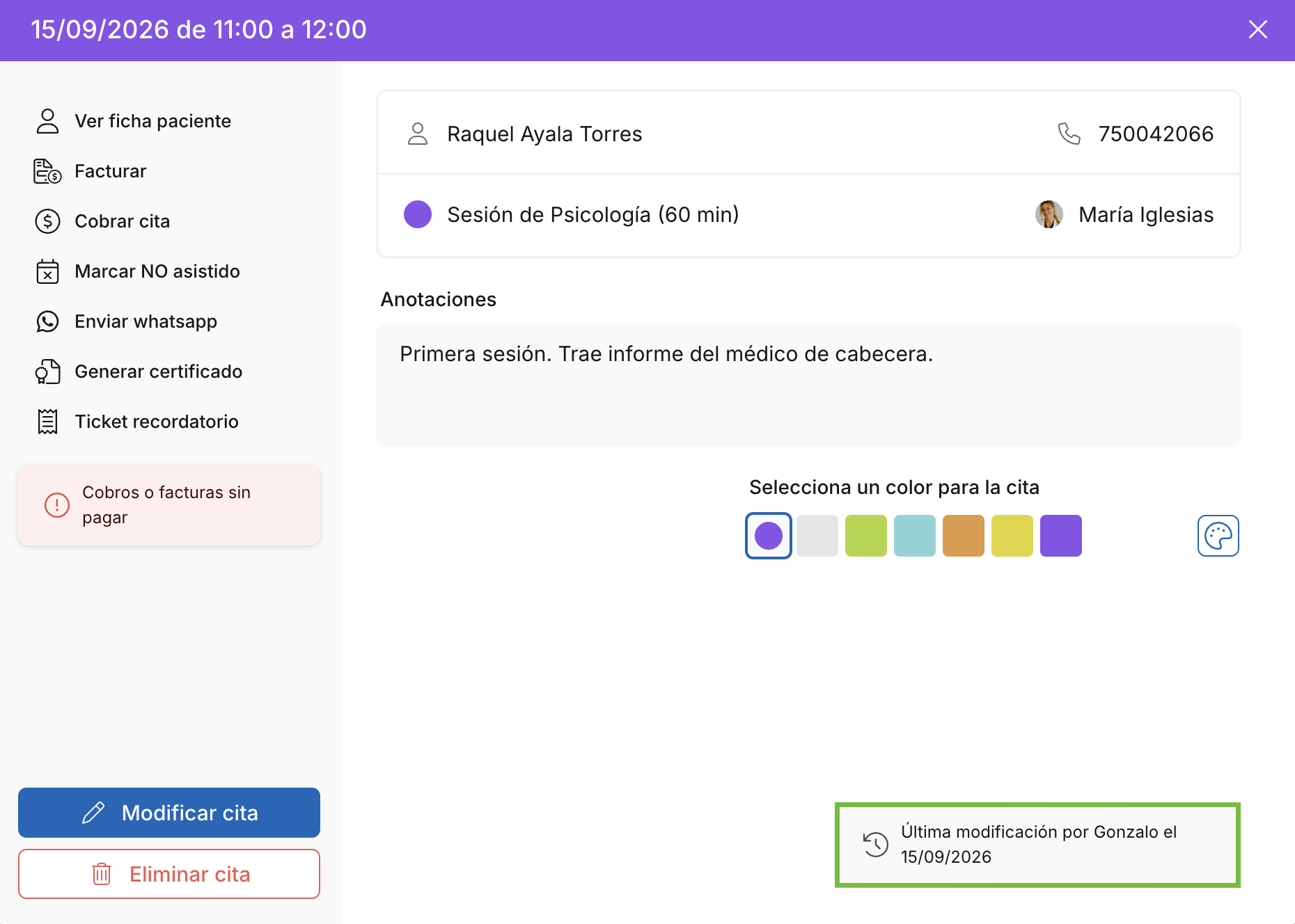 Detalle de una cita en Archivex con el aviso de última modificación señalado