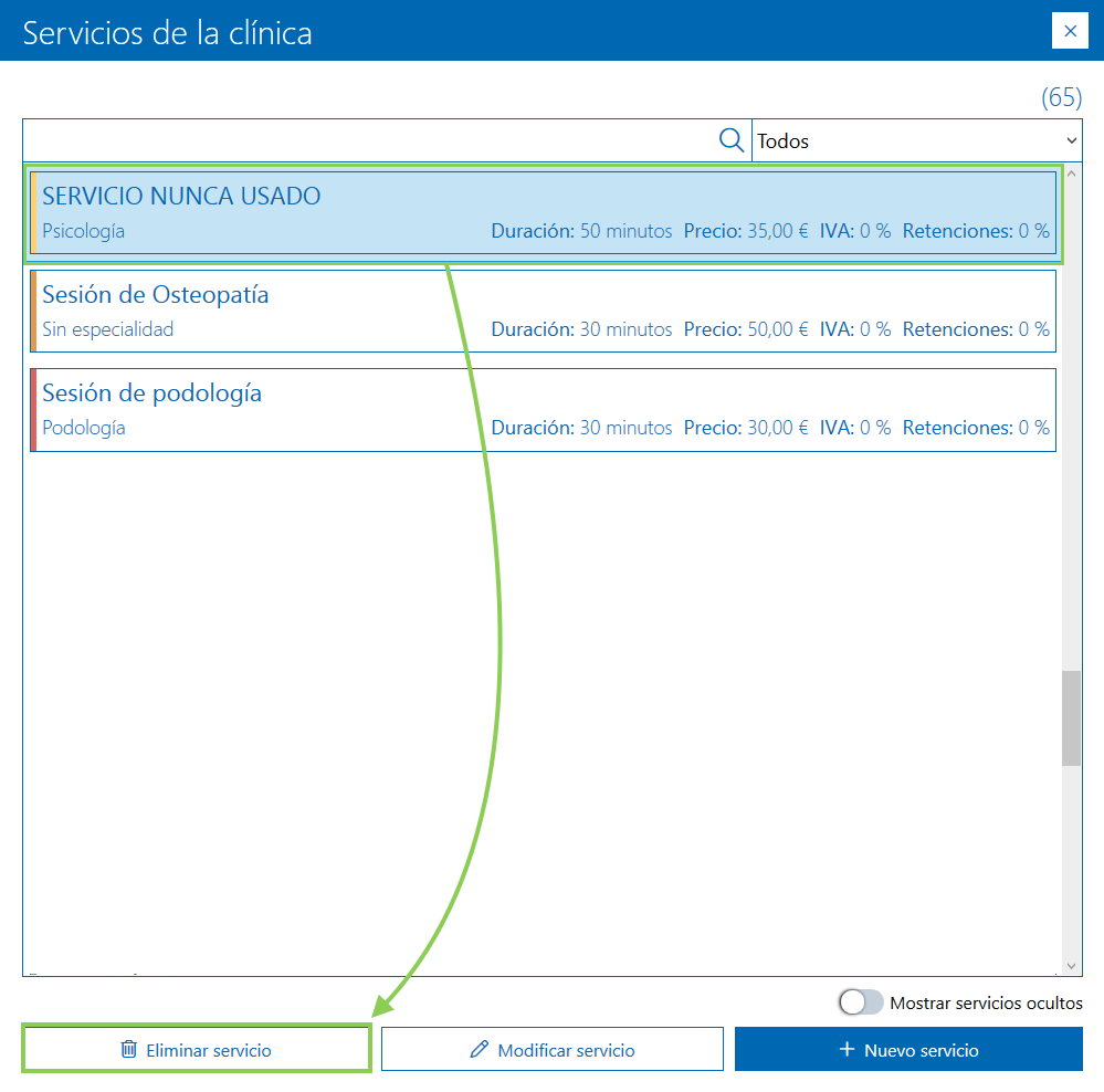 Listado servicios creados en Archivex