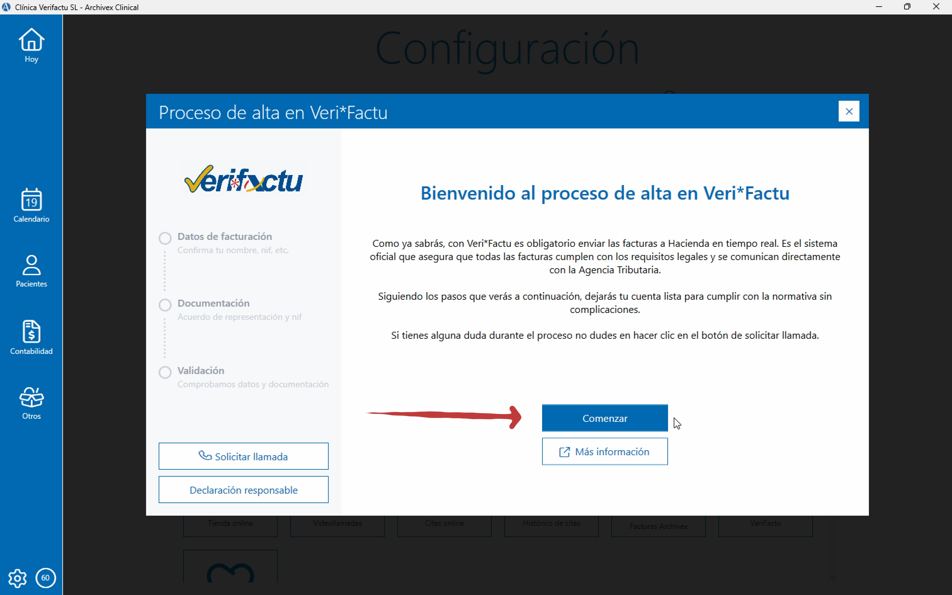 inicio configuración verifactu en Archievex