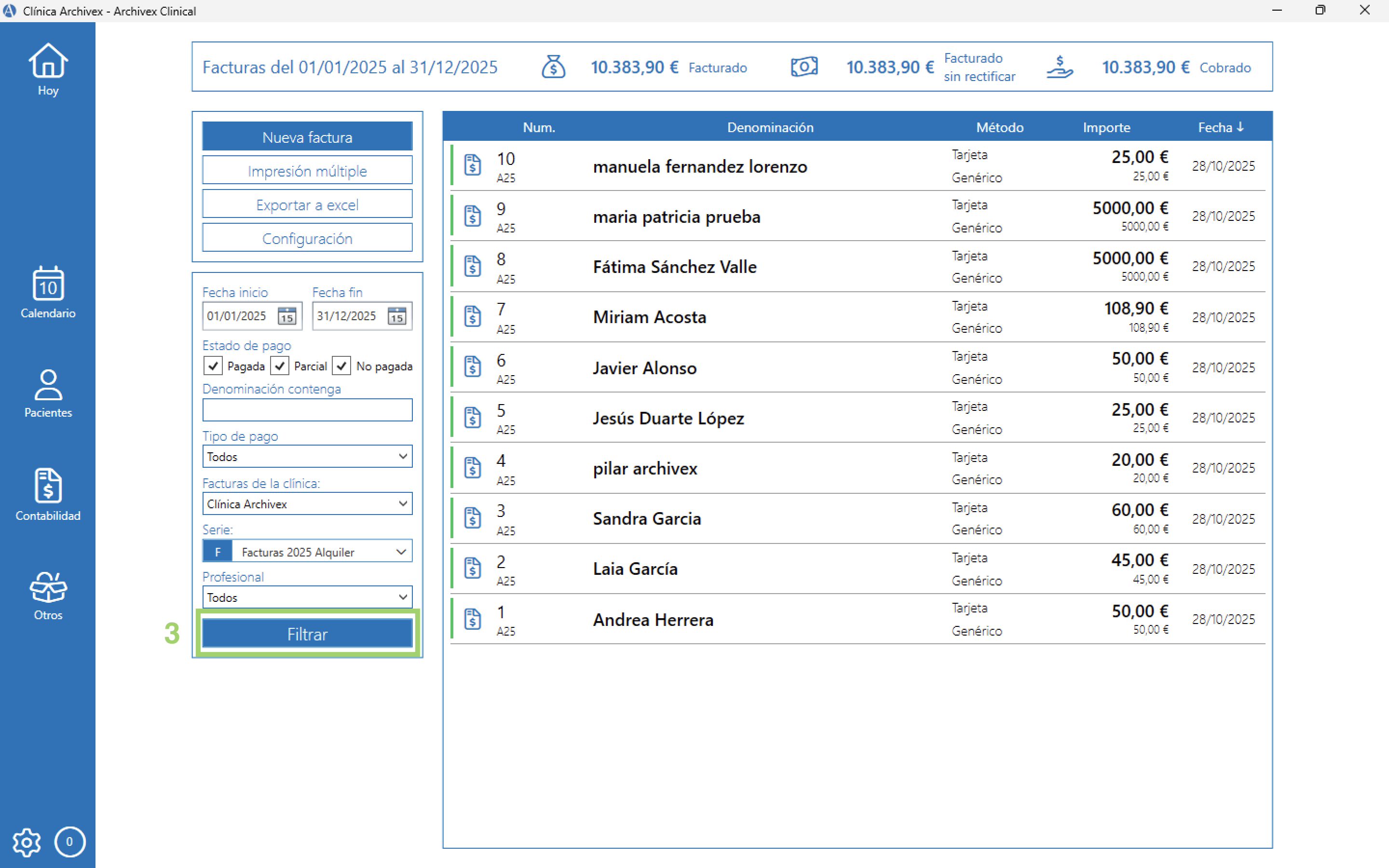 dónde puedo ver mi facturación años anteriores en Archivex 2